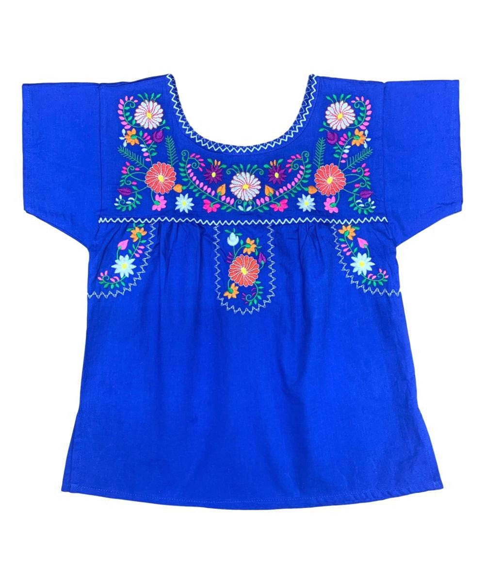 Traditional Puebla Royal Blue Mexican Youth Girl Embroidered Blouse (4-14) $7.50 Per Piece. MT800