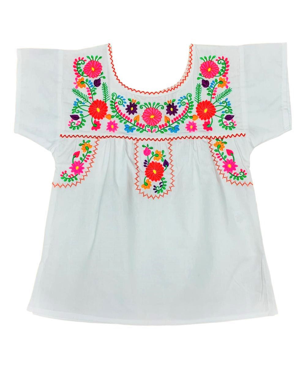 Traditional Puebla White Mexican Youth Girl Embroidered Blouse (4-14) $7.50 Per Piece. MT800